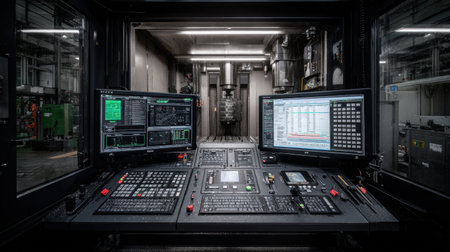 A modern industrial control room showcasing advanced technology with multiple monitors displaying real-time data in a highly organized and precise engineering environment.の素材