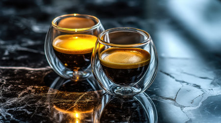 Two elegant glasses of double espresso sit on a polished black marble surface, accentuating the rich colors and warm glow of the coffee, perfect for a stylish beverage setting.の素材