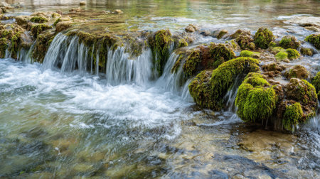 A beautiful natural scene showcasing flowing water cascading over moss-covered rocks, surrounded by lush greenery, creating a tranquil oasis in the heart of nature.の素材