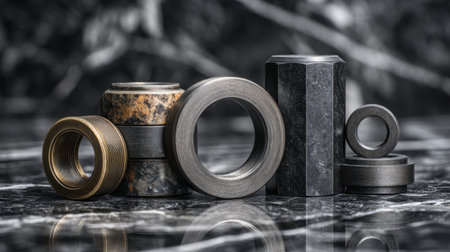 This artistic display features a collection of various industrial fasteners made from metal and stone, showcasing unique textures and shapes against a polished backdrop.の素材