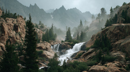 Captivating view of a tranquil mountain landscape with a beautiful waterfall nestled among lush greenery and rugged peaks, creating a serene outdoor atmosphere.の素材