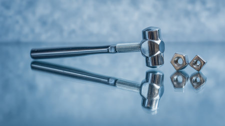 A polished steel hammer and two nuts rest on a reflective surface, creating a striking visual. Ideal for illustrating themes of construction, craftsmanship, and tools.の素材