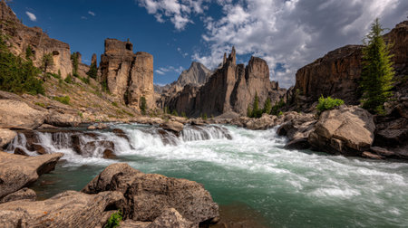 Experience the natural beauty of a vibrant river flowing through towering mountains and rocky formations under a bright sky, perfect for adventure lovers and nature enthusiasts.の素材