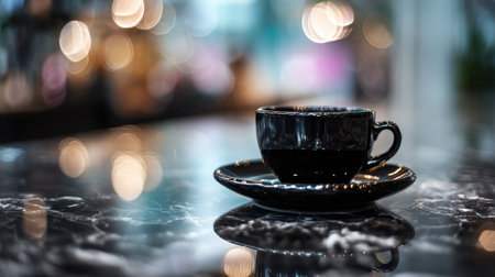 A striking black coffee cup rests on a glossy marble table, surrounded by a beautifully blurred backdrop of warm bokeh lights, evoking a sense of comfort and luxury.の素材