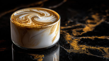 Captivating close-up of a coffee cup featuring artistic cream swirls, set on a striking black marble surface, evoking a sense of elegance and indulgence.の素材