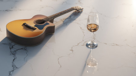 A beautiful acoustic guitar lies on a polished marble surface next to an elegant glass of wine, evoking a peaceful and refined atmosphere perfect for cozy gatherings.の素材