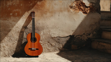 A stunning acoustic guitar rests against a textured wall, bathed in sunlight. This image captures a serene moment ideal for music lovers and artists seeking inspiration in rustic settings.の素材