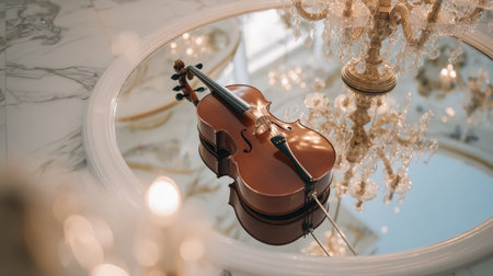 A stunning violin elegantly placed on a reflective table, capturing the enchanting interplay of light and luxury, perfect for music and art enthusiasts.の素材