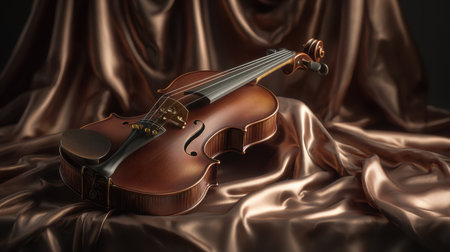 A stunning wooden violin delicately placed on rich satin fabric, capturing the essence of music and artistry in a refined and elegant setting. Perfect for music lovers.の素材