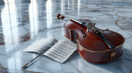 A stunning cello placed on a polished marble floor with sheet music nearby, evoking feelings of artistry and elegance in a tranquil ambiance, perfect for music-themed projects.の素材