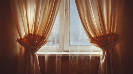 Soft light streams through delicate curtains, creating a tranquil and warm atmosphere. This cozy window invites a peaceful ambiance into any living space or home decor style.の素材