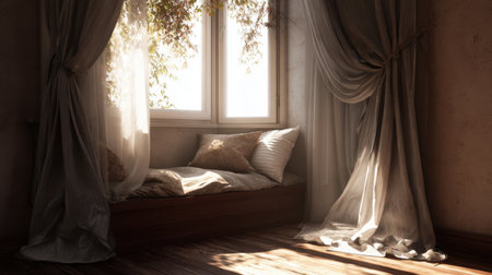 A tranquil room featuring a window seat bathed in warm sunlight, adorned with soft drapes and cushions, creating a cozy retreat for relaxation and peaceful moments.の素材