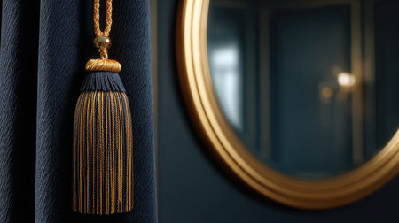 A stunning tassel adorns a luxurious curtain next to a golden mirror, creating a refined and stylish ambience in this elegant interior setting, perfect for a chic home.の素材