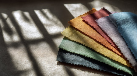 This image features a vibrant collection of fabric swatches arranged artistically on a surface, with soft shadows enhancing textures and colors, creating an inspiring and warm atmosphere.の素材