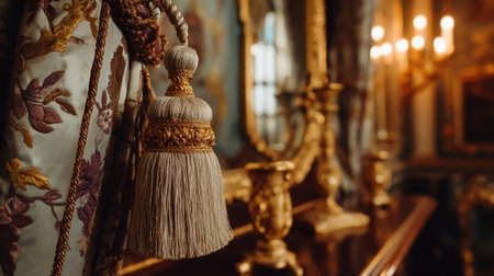 Discover exquisite interior decor featuring a beautifully crafted tassel and antique gold accents, capturing the lavish essence of baroque-style elegance in a luxurious home atmosphere.の素材