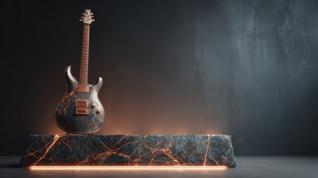 A striking electric guitar showcased on a marble pedestal, bathed in warm light, highlights the beauty of craftsmanship and modern design for music lovers and creators alike.の素材
