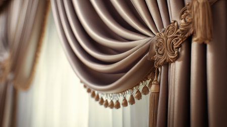 Close-up view of luxurious drapery featuring intricate texture and decorative tassels, adding elegance to a refined interior window setting. Ideal for decor inspiration.の素材