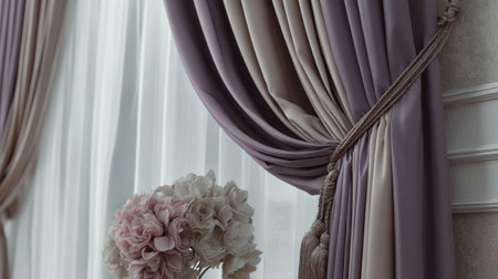 Beautifully styled drapery showcases soft fabrics paired with an exquisite floral arrangement, creating an inviting and elegant atmosphere in a bright indoor setting.の素材