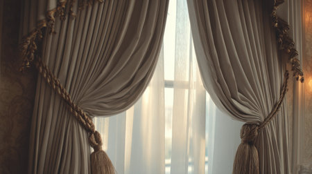 Beautifully designed curtains filter soft light through sheer fabric, enhancing the warmth and elegance of any interior space, perfect for creating inviting atmospheres.の素材