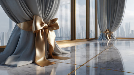 Discover a stunning interior featuring elegant curtains with a luxurious bow, enhancing a bright space that offers breathtaking views of the urban skyline through large windows.の素材