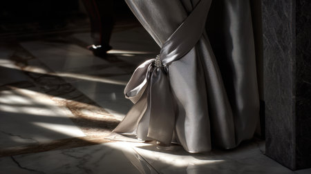 A close-up of elegant fabric draped gracefully, contrasted against a marble pillar, showcasing exquisite textures and soft light playing through the folds, creating a luxurious ambiance.の素材