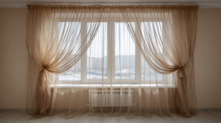 Soft sheer curtains gracefully frame a window, allowing natural light to filter into a beautifully bright room, creating a serene and inviting atmosphere.の素材