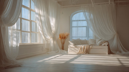 A bright and serene living room featuring sheer curtains that filter natural light. The space is adorned with soft textiles and minimalistic decor, creating a tranquil atmosphere.の素材