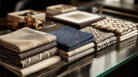 A stunning arrangement of textured fabrics in various colors and patterns displayed on a sleek glass table, ideal for design enthusiasts and creative projects.の素材