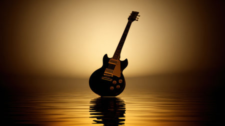 Striking image of a black electric guitar silhouetted against a stunning golden backdrop with a reflective surface, symbolizing artistic expression and music creativity.の素材