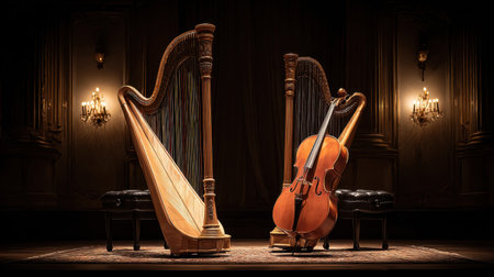 A stunning display of a harp and cello set on a beautifully lit stage, capturing the essence of classical music performances in an elegant venue.の素材