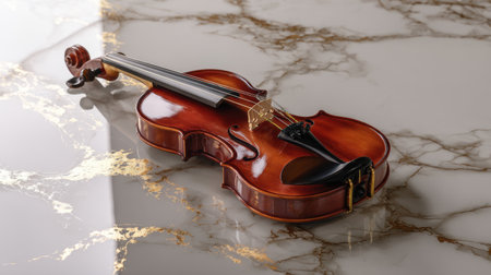 A beautiful wooden violin resting on a luxurious marble surface, showcasing its intricate craftsmanship and elegance suitable for various artistic concepts and displays.の素材