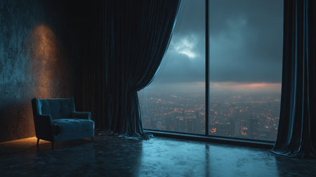 A cozy chair sits in a stylish apartment, framed by dark curtains, offering a tranquil view of a city skyline at dusk, creating a serene and atmospheric setting.の素材