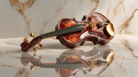 A beautifully crafted violin rests on a marble surface, showcasing its elegant design and rich details, perfect for musical or artistic themes in high-end visually appealing settings.の素材