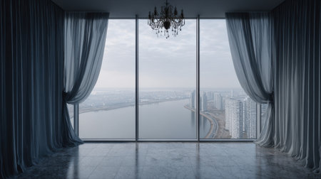 A serene modern interior featuring large windows that offer stunning views of an urban skyline and river, complemented by soft curtains and a stylish chandelier.の素材