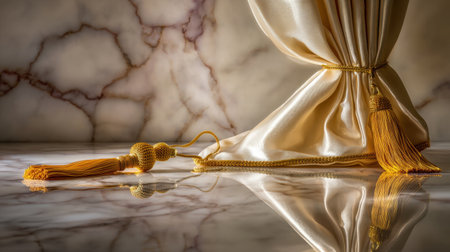 A stunning satin curtain adorned with golden tassels, elegantly draping over a reflective marble surface, enhances any luxurious interior design with its beauty and sophistication.の素材