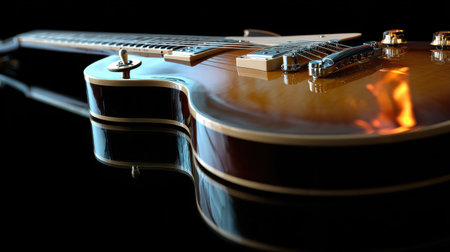 This close-up photo of an electric guitar highlights its elegant curves and reflective surface, ideal for music-related projects or artistic endeavors. Perfectly captures craftsmanship.の素材
