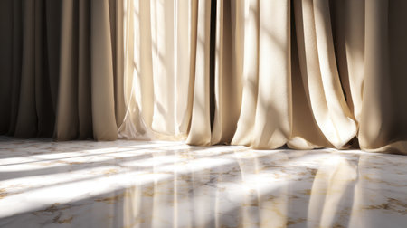 Soft drapes gracefully filter natural light onto a polished marble floor, creating a tranquil ambiance ideal for design inspiration and interior photography.の素材