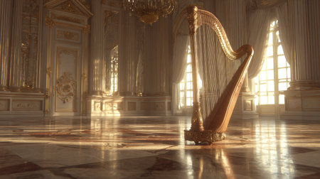 A stunning harp positioned in an exquisite hall illuminates the beauty of classical music. The warm sunlight casts dreamy shadows over the lavish marble floor, enhancing elegance.の素材