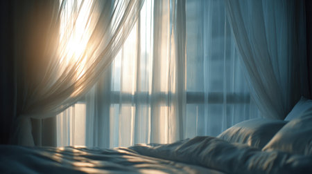A serene view of soft morning light filtering through sheer curtains in a cozy bedroom, creating an inviting atmosphere perfect for relaxation and comfort.の素材