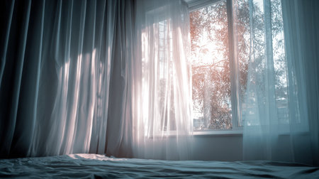 A serene bedroom scene featuring soft morning light filtering through sheer curtains, creating an inviting atmosphere perfect for relaxation and tranquility.の素材