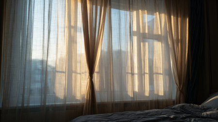 A tranquil bedroom scene featuring soft morning light entering through sheer curtains, creating an inviting atmosphere perfect for relaxation and peaceful moments.の素材