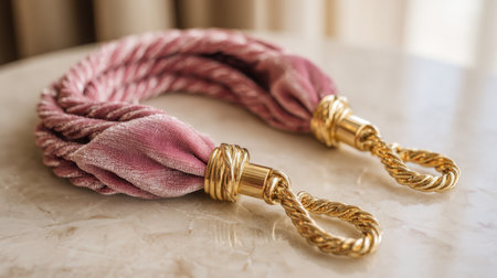 Discover elegant pink drapery tiebacks featuring glossy gold accents, ideal for enhancing the beauty of any window treatment while adding a touch of sophistication to your home.の素材