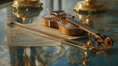 A beautifully crafted violin and bow rest beside delicate sheet music on an ornate table, radiating elegance and inviting the timeless beauty of classical music in soft light.の素材