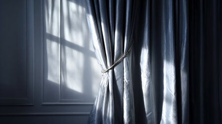 A beautifully arranged curtain captures soft natural light, creating elegant shadows that enhance the tranquil atmosphere of a stylish interior, perfect for thematic decor inspiration.の素材