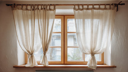 Sheer curtains gracefully adorn a wooden window frame, enhancing the cozy ambiance of the room while allowing gentle natural light to illuminate the space.の素材