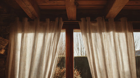 Soft linen curtains drape gracefully, allowing natural light to filter into a cozy rustic interior, creating a warm and inviting atmosphere with serene greenery visible outside.の素材