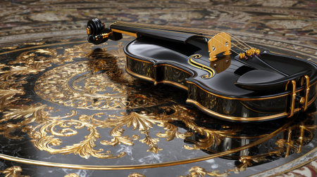 A stunning black violin rests on an ornate golden and marble surface, embodying elegance and artistic craftsmanship in a luxurious environment, perfect for music and art lovers.の素材