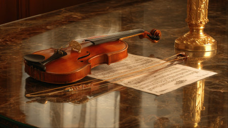 A beautifully crafted violin rests on a polished marble table, accompanied by sheet music and a bow, evoking a sense of elegance and classical music tradition.の素材