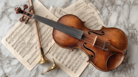 A vintage wooden violin rests atop elegant sheet music, creating a beautiful composition. The contrasting textures highlight the charm of traditional musical artistry in a classic setting.の素材