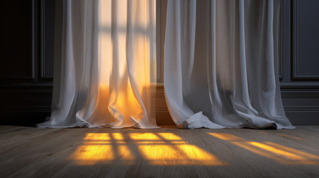 A serene interior scene showcasing soft morning light filtering through sheer curtains, casting gentle shadows on a wooden floor, creating a tranquil ambiance.の素材